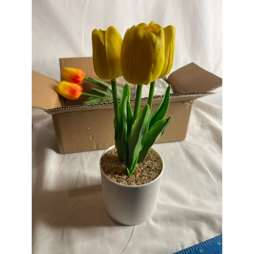 Artificial Yellow Tulips in White Pot Real Touch Faux Potted Plant‎ Decor
